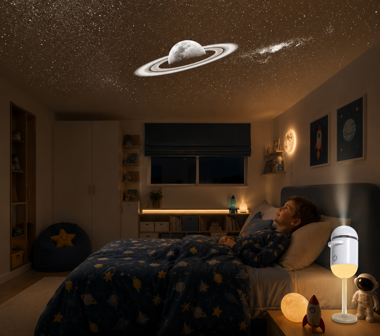 Proyección de galaxia estilo Saturno como decoración en habitación infantil
