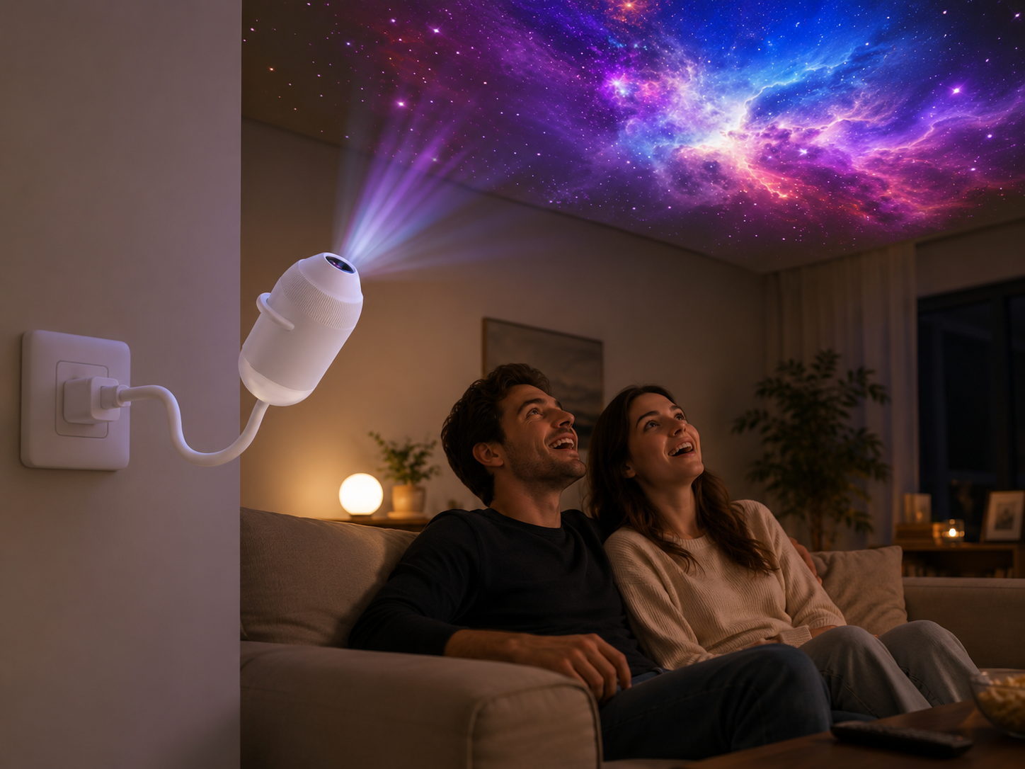 Proyector de galaxia creando ambiente de nebulosa en el salón