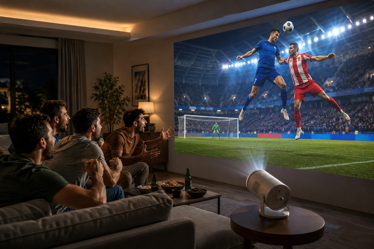 Amigos viendo el fútbol proyectado con el Lunano Proyector